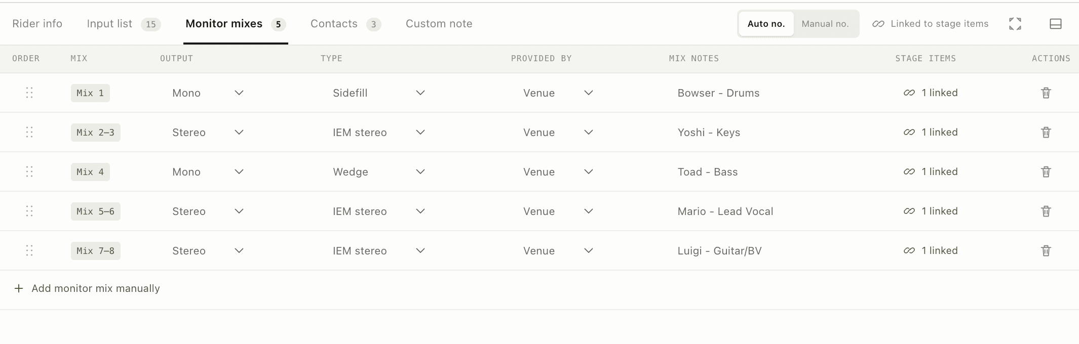 Techrider.live monitor mix list showing mono wedges and stereo IEM assignments linked to stage items