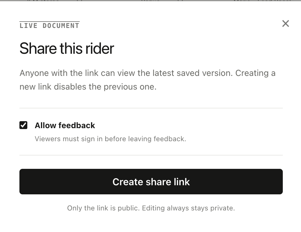 Share this rider panel with feedback controls and a create share link action