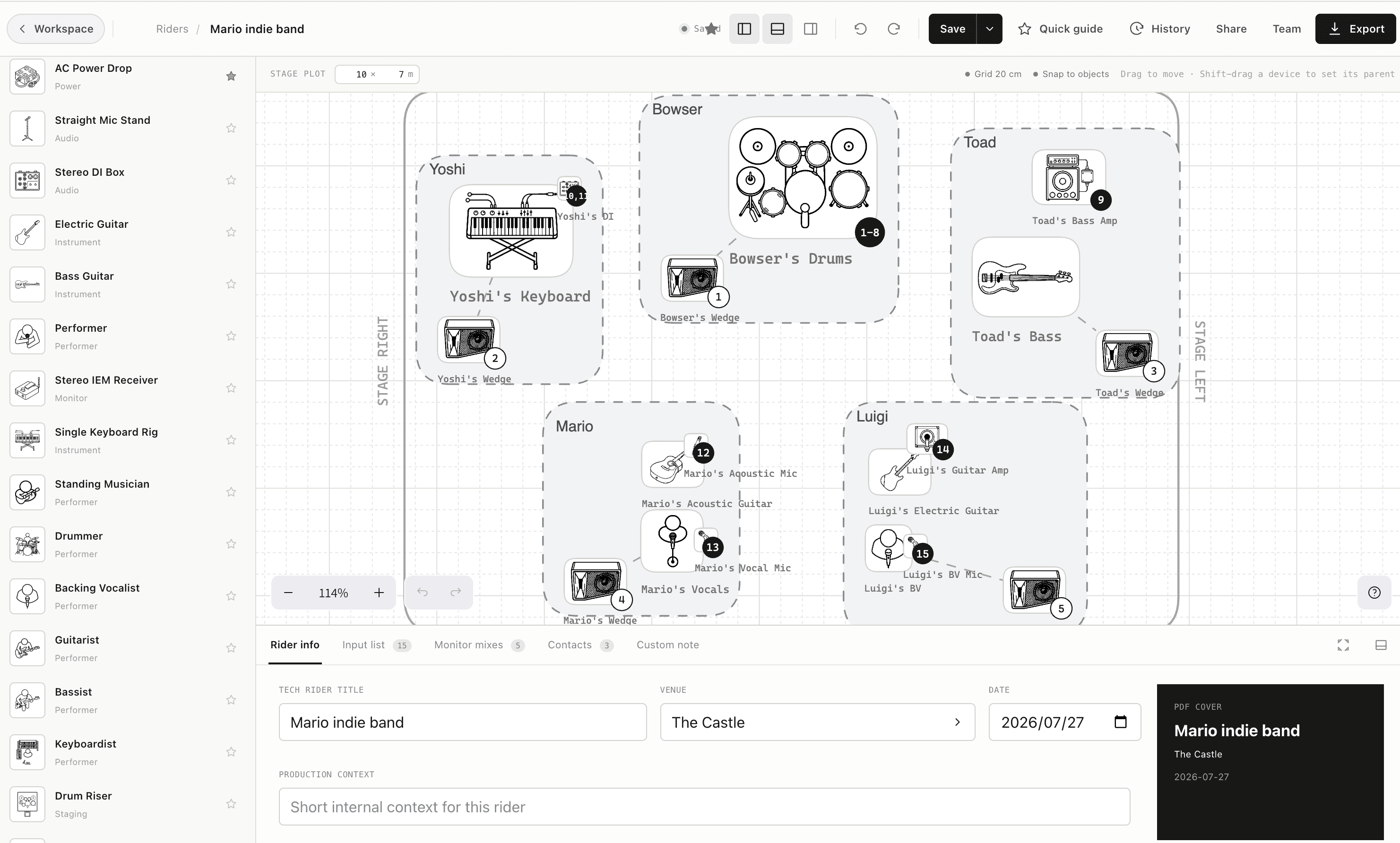 Techrider.live stage plot editor showing a complete five-piece band with linked inputs and monitors