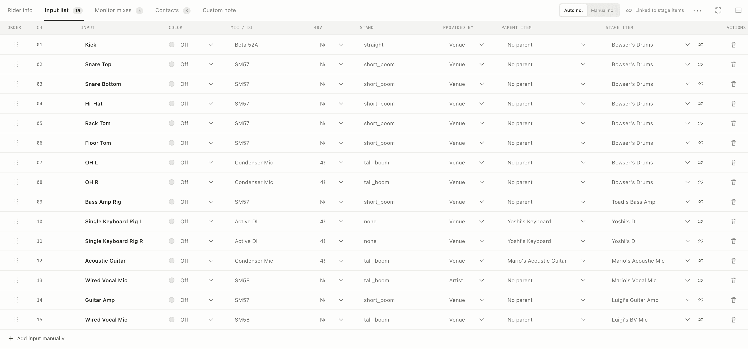 Techrider.live input list showing 15 channels, microphone and DI details, phantom power, providers, and linked stage items