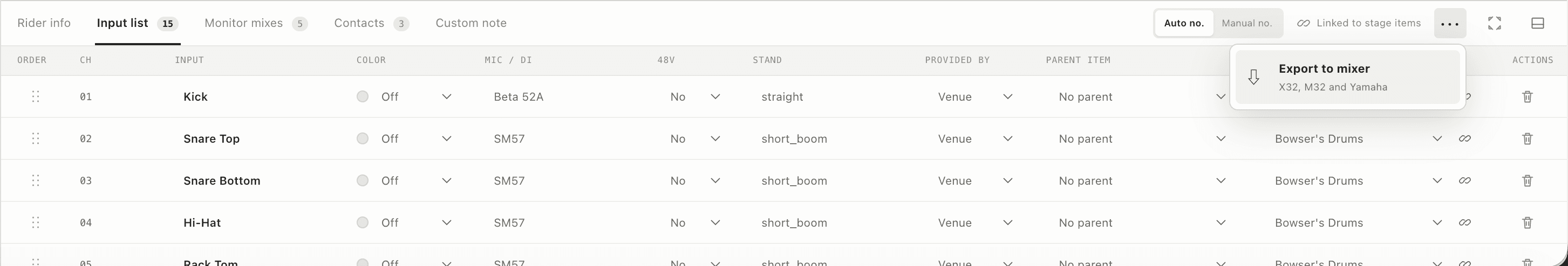Input list showing the Export to mixer menu option