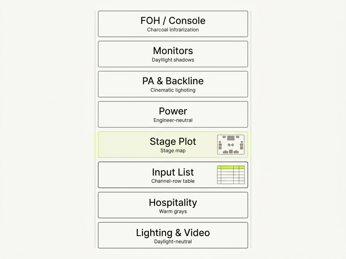Tech rider section structure — a stacked, labeled breakdown of the full technical package